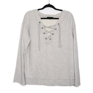 Sanctuary Women's Sweatshirt L Grey Lace Up V-Neck‎ Relaxed Cotton Soft Casual